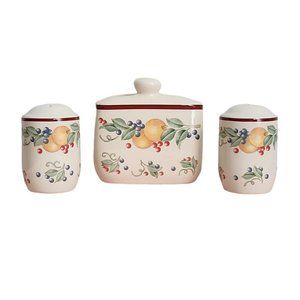 Vtg Jay Imports Ceramic Napkin Holder Salt Pepper Shaker Fruit Pattern Set of 3